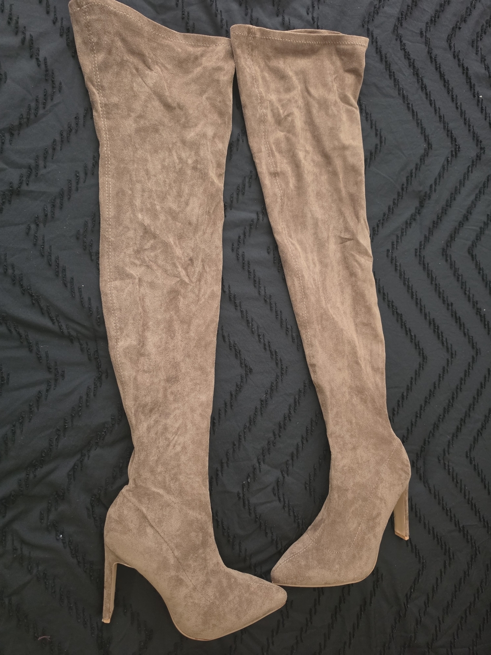 Over-the-Knee High Heel Boots in Taupe Suede